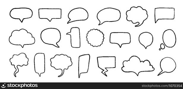 Doodle speech bubbles. Hand drawn elements for quotes and text with pencil sketch lines and grunge shapes. Vector trendy set sketched black line clouds for speaking or thinking expression. Doodle speech bubbles. Hand drawn elements for quotes and text with pencil sketch lines and grunge shapes. Vector trendy set