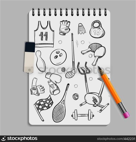 Doodle sport elements on realistic notebook. Sketch notebook doodle pencil, sport ball and equipment illustration. Doodle sport elements on realistic notebook