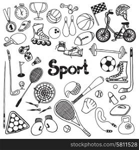 Doodle sport equipment set with soccer ball timer fitness weight vector illustration. Doodle Sport Set