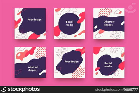 Doodle square banners. Memphis abstract posters. Minimal geometric shapes and place for text. Round frames and contours or dots. Colorful templates with lettering for social media network, vector set. Doodle square banners. Memphis abstract posters. Geometric shapes and place for text. Round frames and contours or dots. Templates with lettering for social media network, vector set