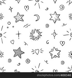 Doodle star seamless pattern. Magic party sketch elements, decorative ornamental graphic symbols. Vector sky design abstract poster. Doodle star seamless pattern. Magic party sketch elements, decorative ornamental graphic symbols. Vector abstract poster