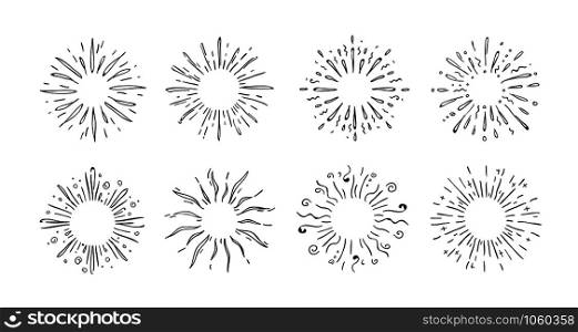 Doodle starburst. Hand drawn decorative elements of shining stars for invitation cards and posters. Vector illustrations abstract pop symbols decoration shine simple element set. Doodle starburst. Hand drawn decorative elements of shining stars for invitation cards and posters. Vector pop symbols set