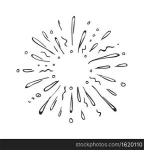 Doodle starburst. Hand drawn explosion. Outline splash with drops. Black and white sketch. Contour firework or isolated star light. Decorative simple round frame. Vector minimal diverging sunbeams. Doodle starburst. Hand drawn explosion. Outline splash with drops. Black and white sketch. Contour firework or star light. Decorative round frame. Vector minimal diverging sunbeams