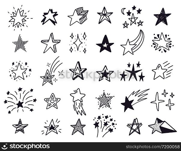 Doodle stars. Hand drawn sketch stars, starry doodles drawing icons. Star shape isolated vector illustration set. Drawing star in sky, black starry outline. Doodle stars. Hand drawn sketch stars, starry doodles drawing icons. Star shape isolated vector illustration set