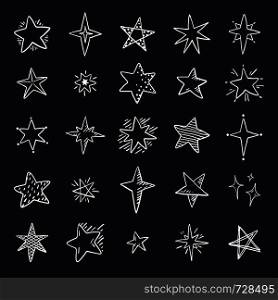 Doodle stars on black background. Cute pen sketch space elements, simple geometric set. Vector illustration hand drawn star pattern for print textile. Doodle stars on black background. Cute pen sketch space elements, simple geometric set. Vector hand drawn star pattern for print textile