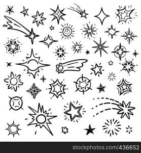 Doodle stars vector set isolated on white. Hand drawn sky with star and comets collection. Sketch drawn star, doodle comet and meteor illustration. Doodle stars vector set isolated on white. Hand drawn sky with star and comets collection