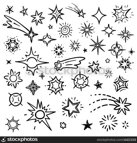 Doodle stars vector set isolated on white. Hand drawn sky with star and comets collection. Sketch drawn star, doodle comet and meteor illustration. Doodle stars vector set isolated on white. Hand drawn sky with star and comets collection