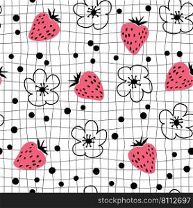 Doodle strawberries and flowers seamless pattern on grid distorted background. Hippie aesthetic print for fabric, paper, T-shirt. Groovy summer vector illustration for decor and design.