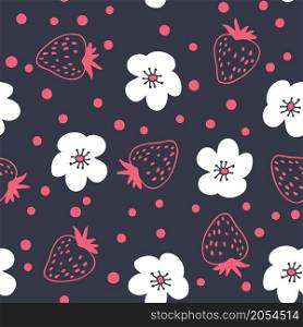 Doodle strawberries and flowers seamless pattern. Perfect for T-shirt, textile and prints. Hand drawn vector illustration for decor and design.