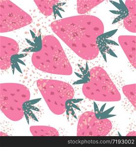 Doodle strawberry seamless pattern. Sweet berries backdrop. Pink ripe strawberries wallpaper. Design for fabric, textile print, wrapping paper, kitchen textiles. Vintage vector illustration. Doodle strawberry seamless pattern. Sweet berries backdrop. Pink ripe strawberries wallpaper.