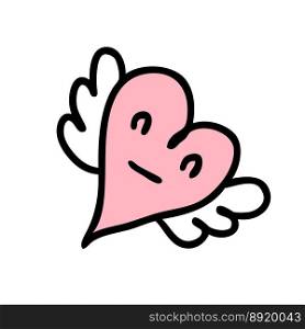 Doodle style cute Valentine flying heart with wings. Perfect for tee, stickers, cards. Hand drawn isolated vector illustration for decor and design.