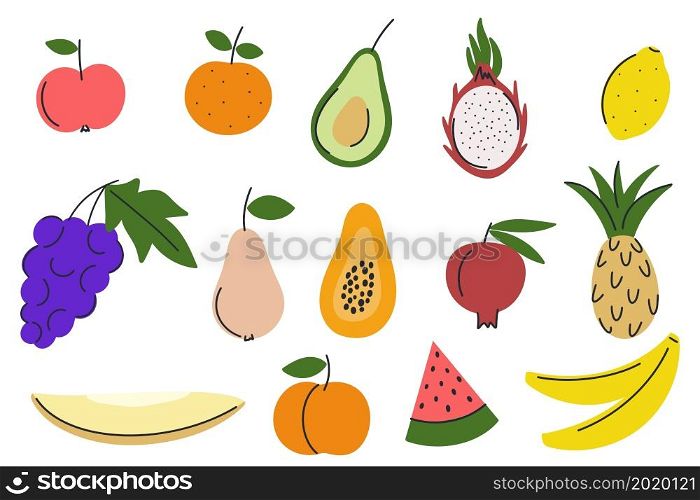 Doodle style fruits set. Collection of cute hand drawn fruits, isolated object. Vector illustration organic healthy food. Doodle style fruits set.