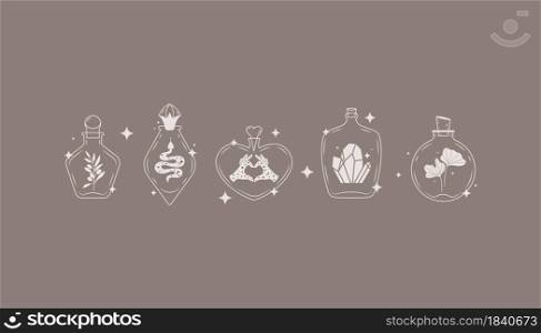 Doodle style magic bottles with snake, female hands, crystals, olive branch. Vector set of logo templates. Can be used for brand, website, store.