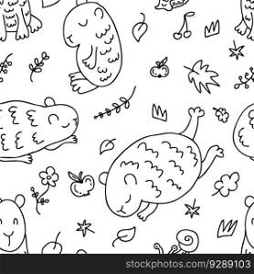 Doodle style monochrome seamless pattern with cheerful capybaras. Perfect animalistic print for tee, paper, textile and fabric. Cute vector illustration for decor and design.