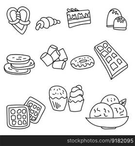 Doodle style outline sweets and pastry set, dough products and breakfast ideas vector illustration