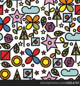 Doodle style seamless pattern with flowers and other nature elements.Vector