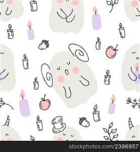 Doodle style seamless pattern with ghosts and candles. Perfect for T-shirt, textile and prints. Hand drawn vector illustration for decor and design.