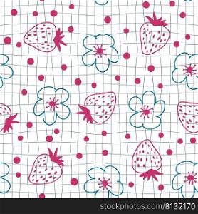 Doodle style strawberries and flowers seamless pattern on grid distorted background. Hippie aesthetic print for fabric, paper, T-shirt. Groovy vector illustration for decor and design.