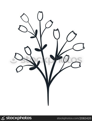 Doodle style twig with small flowers and leaves. Botanical branch isolated illustration. Hand drawn floral decoration. Doodle style twig with small flowers and leaves