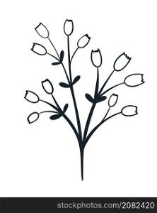 Doodle style twig with small flowers and leaves. Botanical branch isolated illustration. Hand drawn floral decoration. Doodle style twig with small flowers and leaves