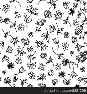 Doodle summer flowers monochrome seamless pattern. Perfect print for tee, paper, fabric, textile. Retro style vector illustration for decor and design.