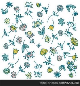 Doodle summer flowers pattern in retro style. Perfect print for tee, poster, card. Floral vector illustration for decor and design.