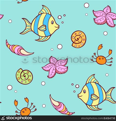 Doodle summer marine seamless pattern with fish and sea shells. Vector illustration.. Doodle marine pattern with fish