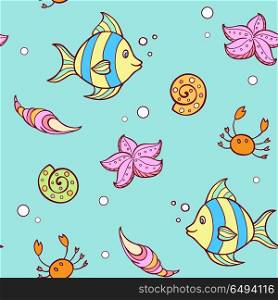 Doodle summer marine seamless pattern with fish and sea shells. Vector illustration.. Doodle marine pattern with fish