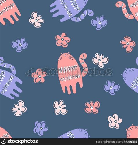 Doodle summer seamless pattern with tigers and flowers. Perfect for T-shirt, textile and prints. Hand drawn vector illustration for decor and design.