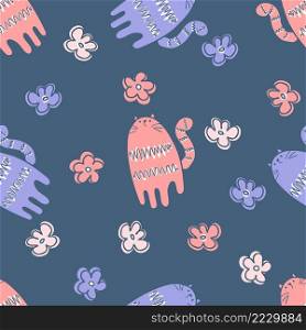 Doodle summer seamless pattern with tigers and flowers. Perfect for T-shirt, textile and prints. Hand drawn vector illustration for decor and design.