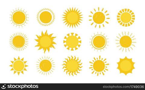 Doodle Sun. Hand drawn simple graphic circle solar elements collection, sunshine round symbols. Yellow silhouette for design and logo, vector sunny weather symbol isolated on white background set. Doodle Sun. Hand drawn simple graphic circle solar elements collection, sunshine round symbols. Yellow silhouette for design and logo, vector sunny weather symbol isolated set
