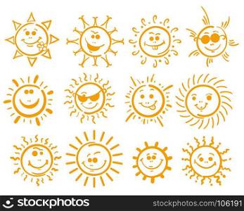 Doodle sun icons on white. Doodle sun. Yellow cute scribble happy suns, vector smile funny spring sun icons on white