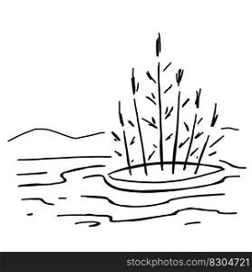 Doodle sw&. Sketch of natural pond or lake with reeds and sedge. Line design. Doodle sw&. Sketch of natural pond