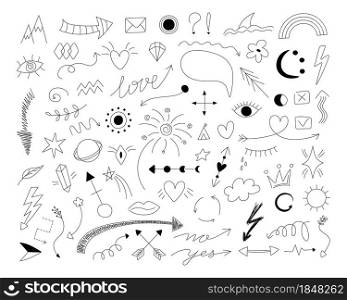 Doodle symbols. Hand drawn thin line arrows with scribble emphasis crown and love heart icons. Vector illustration isolated set drawn elements pencil image scribble. 2101.i010.n012.S.c12.1396995566.Doodle symbols. Hand drawn thin line arrows with scribble emphasis crown and love heart icons. Vector isolated set