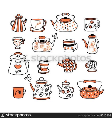 Doodle teapot, cups and mugs autumn collection. Perfect for tea towel, dishcloth, stationery, poster and print. Hand drawn vector illustration isolated on white background.