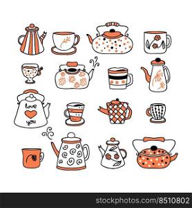 Doodle teapot, cups and mugs autumn collection. Perfect for tea towel, dishcloth, stationery, poster and print. Hand drawn vector illustration isolated on white background.