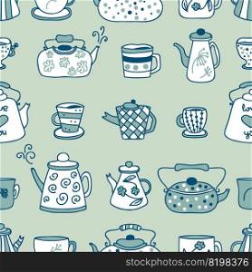 Doodle teapot, cups and mugs autumn seamless pattern. Perfect print for tea towel, dishcloth, stationery, textile and fabric. Hand drawn vector illustration for decor and design.