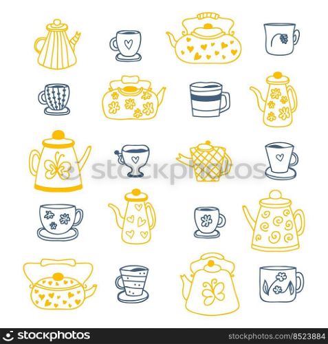 Doodle teapot, cups and mugs cozy collection. Perfect for tea towel, dishcloth, stationery, poster and print. Hand drawn vector illustration isolated on white background.