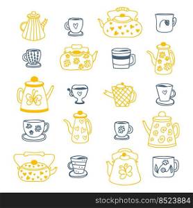 Doodle teapot, cups and mugs cozy collection. Perfect for tea towel, dishcloth, stationery, poster and print. Hand drawn vector illustration isolated on white background.