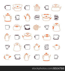 Doodle teapot, cups and mugs simple collection. Perfect for kitchen towel, dishcloth, stationery, poster and print. Hand drawn retro vector illustration isolated on white background.