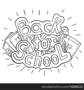 Doodle text back to school with various school supplies. Vector black and white element for stickers, coloring, cards and your creativity. Doodle text back to school with various school supplies.