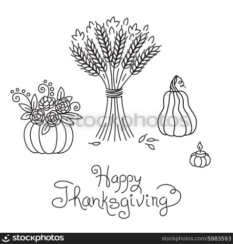 Doodle Thanksgiving Vintage Sheaf of Wheat and Pumpkin Freehand Vector Drawing Isolated. Doodle Thanksgiving Vintage Sheaf of Wheat and Pumpkin Freehand Vector Drawing Isolated.