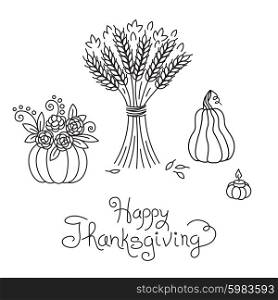 Doodle Thanksgiving Vintage Sheaf of Wheat and Pumpkin Freehand Vector Drawing Isolated. Doodle Thanksgiving Vintage Sheaf of Wheat and Pumpkin Freehand Vector Drawing Isolated.
