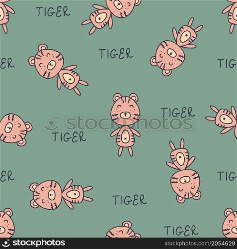 Doodle tiger seamless pattern with inscription. Perfect for T-shirt, textile and print. Hand drawn vector illustration for decor and design.