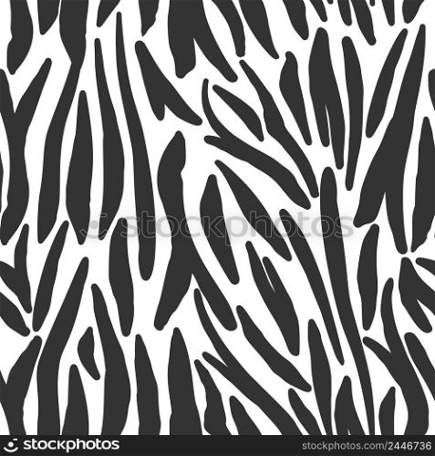 Doodle tiger skin seamless pattern. Monochrome zebra skin, stripes wallpaper. Black and white animal fur endless backdrop. Design for fabric , textile print, wrapping, cover. vector illustration.. Doodle tiger skin seamless pattern. Monochrome zebra skin, stripes wallpaper.