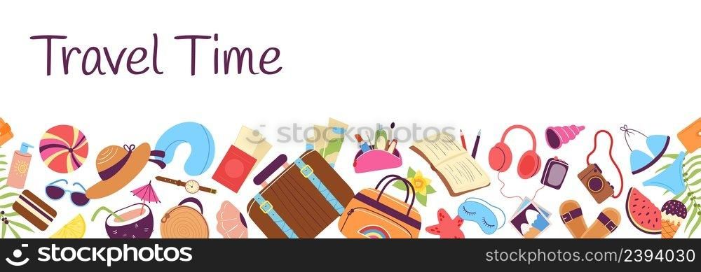 Doodle travel banner. Tourism vacations, traveller stuff. Suitcase and bag, luggage and cosmetics. Flight accessories, sweet food decent vector seamless border. Illustration of tourism vacation banner. Doodle travel banner. Tourism vacations, traveller stuff. Suitcase and bag, luggage and cosmetics. Flight accessories, sweet food decent vector seamless border