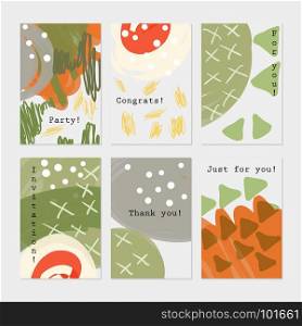 Doodle triangles scribbles strokes dots gray green white orange.Hand drawn creative invitation greeting cards. Poster, placard, flayer, design templates. Anniversary, Birthday, wedding, party cards set of 6. Isolated on layer.