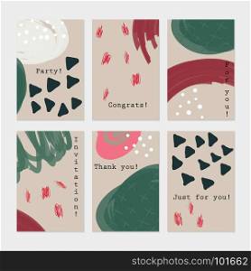 Doodle triangles scribbles strokes dots light gray green red.Hand drawn creative invitation greeting cards. Poster, placard, flayer, design templates. Anniversary, Birthday, wedding, party cards set of 6. Isolated on layer.