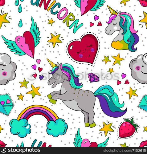 Doodle unicorn pattern. Seamless summer print, cute star heart rainbow typography template. Vector endless wallpaper 90s repeat cute background. Doodle unicorn pattern. Seamless summer print, cute star heart rainbow typography template. Vector 90s repeat background