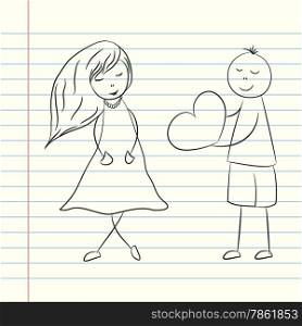 Doodle Valentine&rsquo;s day illustration with boy and girl. Vector hand drawn